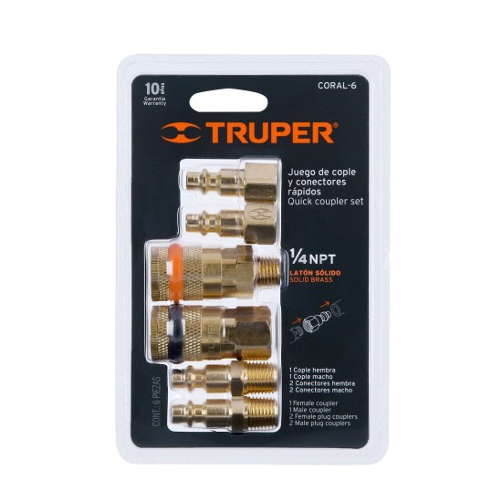 Juego de 4 conectores y 2 coples para compresor de aire, Truper
