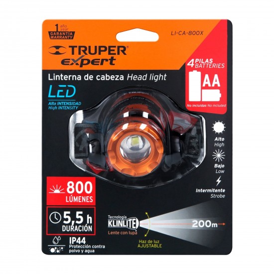 Linterna de minero, 800 lúmenes, 1 LED, 4 pilas AA,Expert